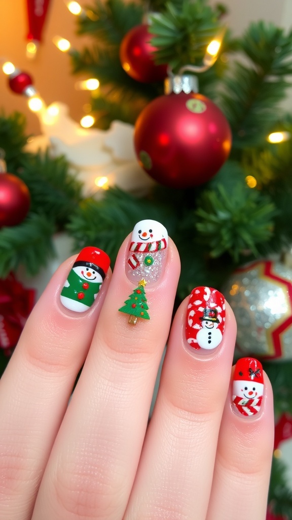 Colorful Christmas nail art with festive designs like snowmen and trees on a holiday-themed background.